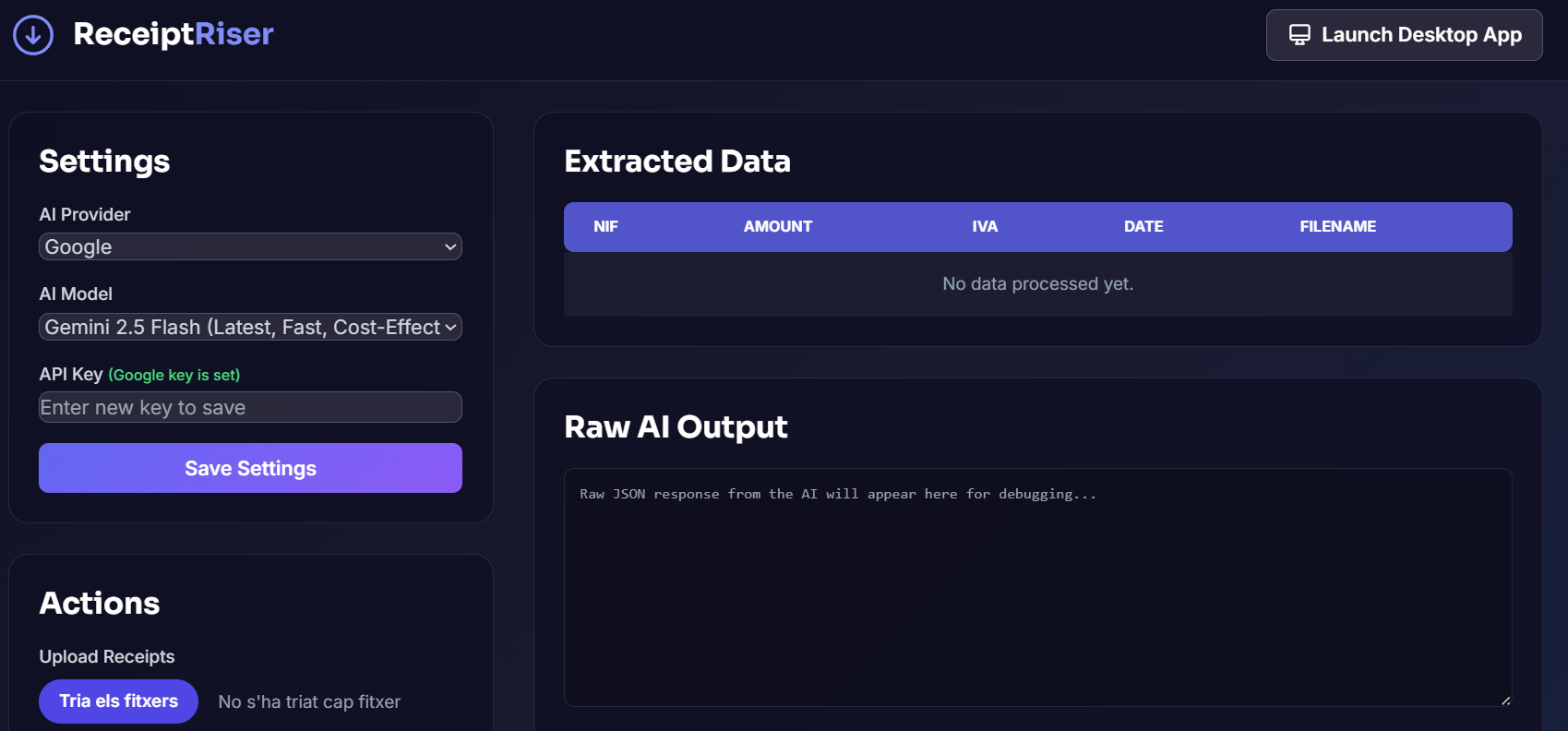 ReceiptRiser application interface showing AI-extracted receipt data